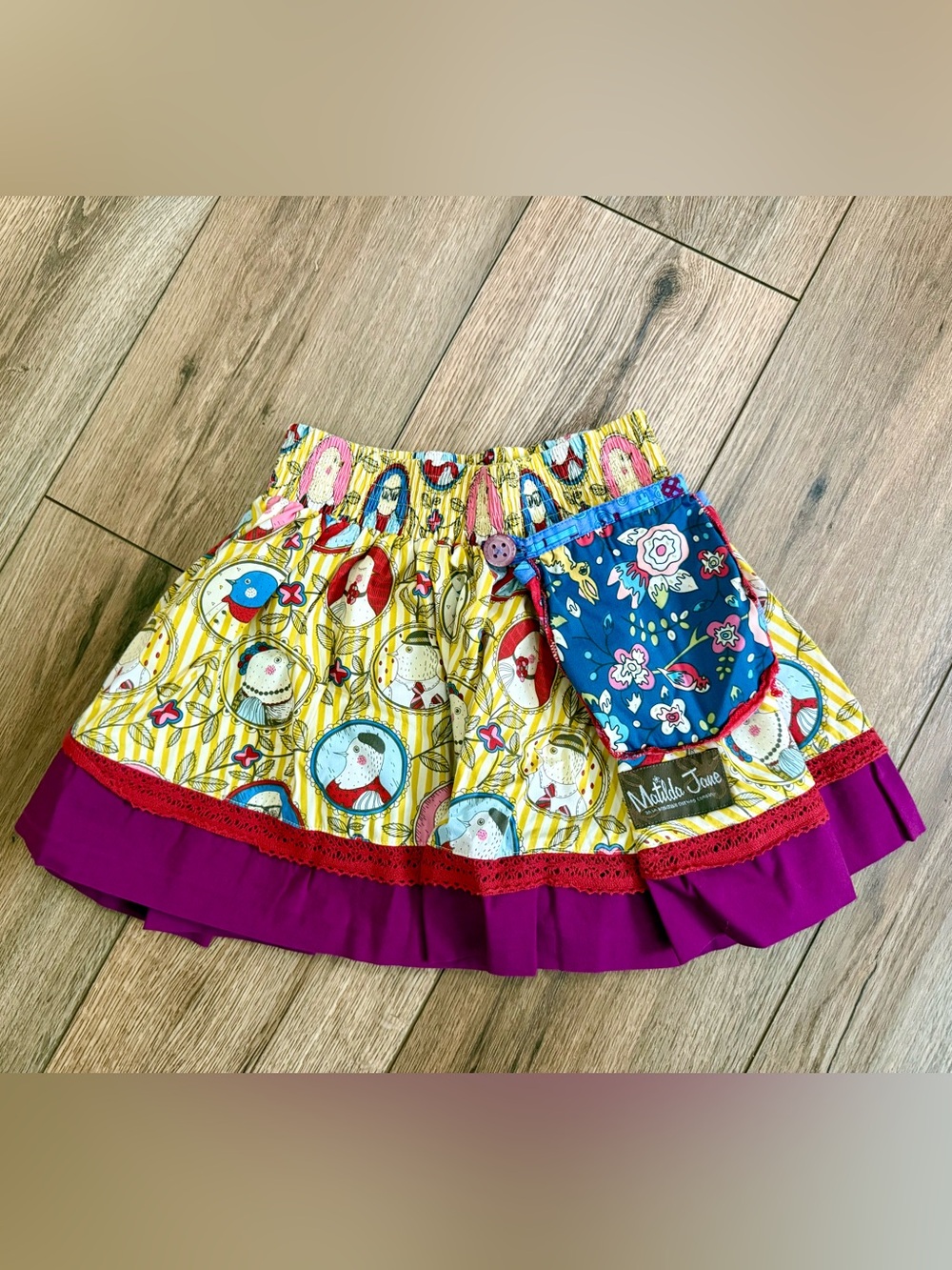 Matilda Jane “Colorful Ruffled Skirt with Bird Print and Button on Pouch
